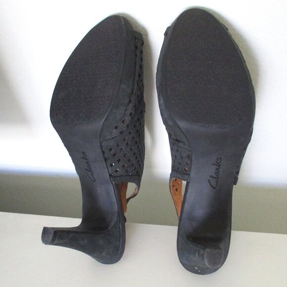 Clarks Artisan Womens Black Suede Lasercut Slingback Platform Peep Heel - 11M - Picture 9 of 9